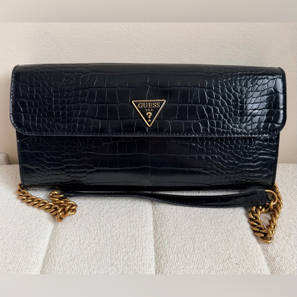 Guess Black Croc-Embossed Clutch with Gold Chain
